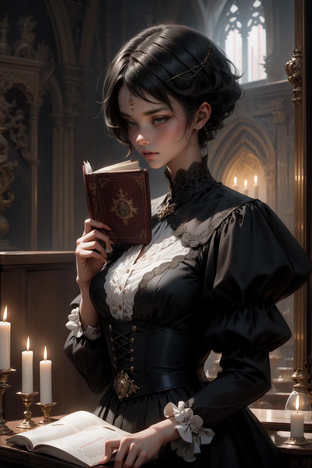 {-erro_de_anatomia:1.0} woman 30 years old, black victorian dress, brown eyes, black hair, short hair, bang, 1968s style, on the saloon, baile, looking at viwer, upper body, dark background, candles, witchcraft, dinamic poses, magic, potions, red lipstik, holding a magic book, angry face,