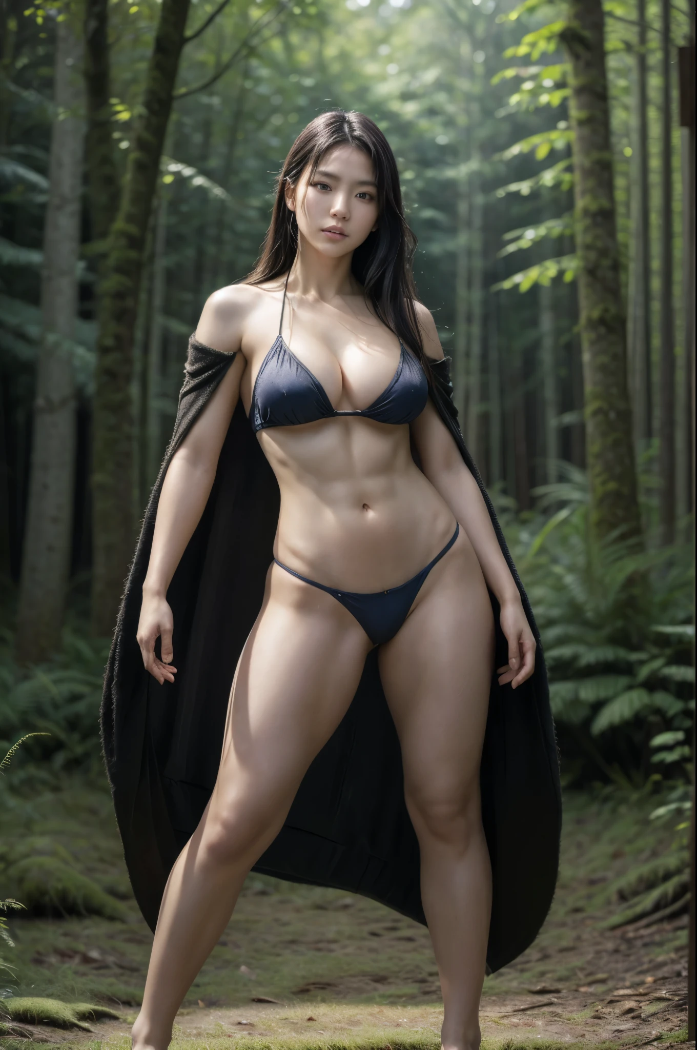 (masterpiece, highest quality, Realistic, High resolution, photograph, :1.3), Sharp focus, 1 Japanese beautiful Femail warrior, beautiful gentle face, long hair, voluptuous body, Abs, muscle, bikini armor, loincloth, cloak, standing pose, in dark forest, ((whole body shot)), full body,