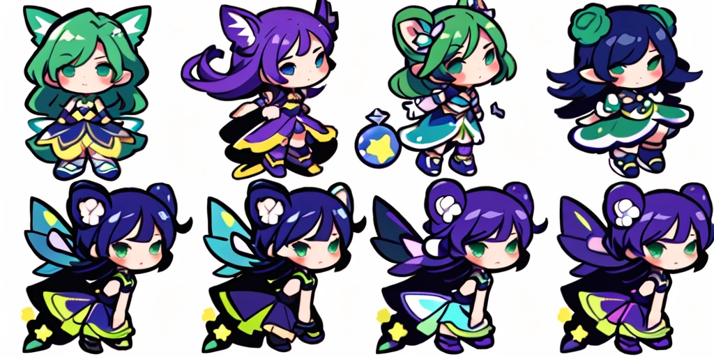 a close up of a cartoon character with different poses, spritesheet, sprite sheet, with familiar sprites, sprites, fairy girl, morgana, default pose neutral expression, twirling, sprite 2 d, shady, green fairy, smol, multiple poses, cute chibi, kawaii