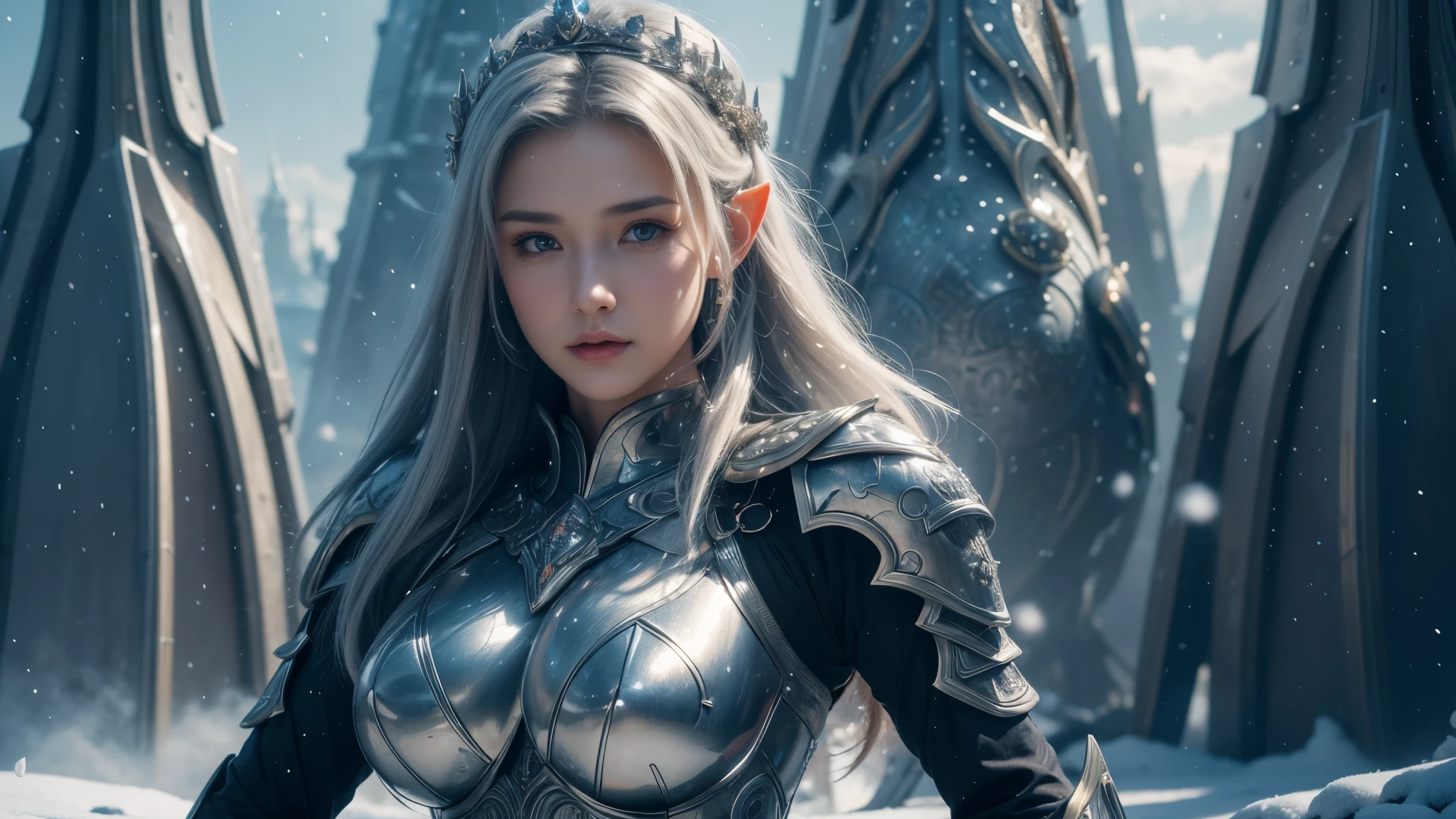 Close-up of woman holding sword and armor, Armor Girl, 2. 5D CGI anime fantasy artwork, Large ,Epic fantasy digital art style, detailed Digital 2D fantasy art, Digital 2D fantasy art, original photo, (best quality:1.3), high resolution, (masterpiece), (lifelike:1.4), Professional photography, Clear focus, High Dynamic Range, 8k resolution, Intricate details, Fine details, Depth of Field, Extremely detailed CG unified 8k wallpaper, masterpiece,poster,best quality,Official Art,(Beauty and aesthetics:1.2),(masterpiece:1.3),Female Elf,individual,Light Leather Armor,complex pattern,snow,futuristic city,Medium distance photography,(early morning),dramatic,giant mechanical wings,