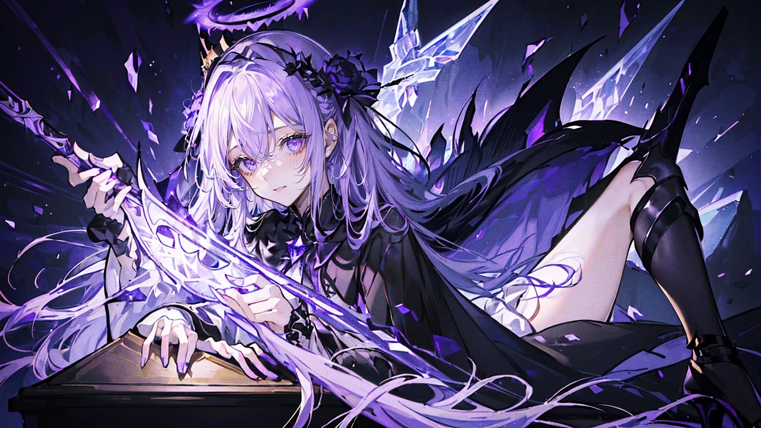 (Super detailed)),((illustration)),((masterpiece)),(((need))),((fine、Highest quality CG Unity 8K wallpapers,masterpiece),((4K,masterpiece,best quality)),Black hair queen,Sexy,Lilac eyes,Lying in a coffin,Mature,Hair tied on both sides,Black and gold gauze robe,Black and purple French vintage clothing,Gorgeous black cape,Black veil,Purple-white halo,Black and purple high heels,Wearing a crown on the head,Holding a knight's sword,pyramid,Emitting dim purple light,under deep sea,under deep sea的废墟,under deep sea排满棺材,Mysterious symbols