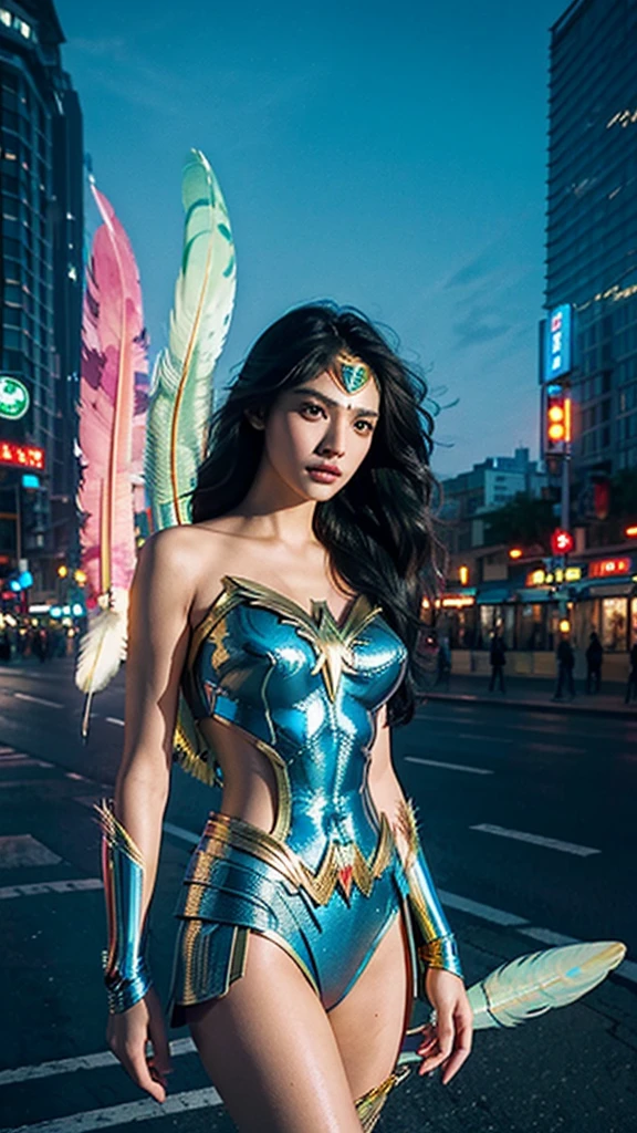 masterpiece, top quality, best quality, official art, beautiful and aesthetic:1.2), (1girl:1.3), extremely detailed, wonder women,in the city of neon(shiny skin), (many colors:1.4)neon, (feathers:1.5), neonlight