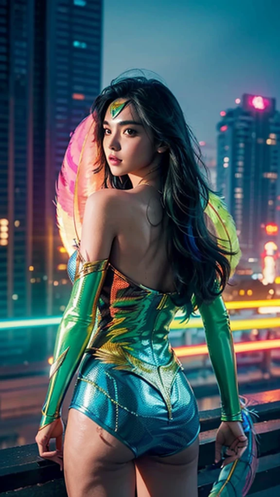 masterpiece, top quality, best quality, official art, beautiful and aesthetic:1.2), (1girl:1.3), extremely detailed, wonder women,in the city of neon(shiny skin), (many colors:1.4)neon, (feathers:1.5), neonlight
