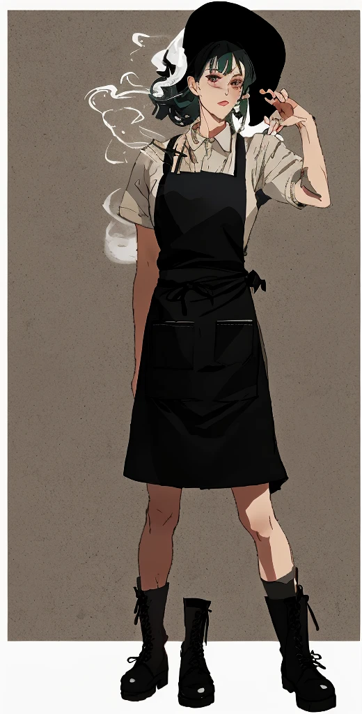 smokes，Wearing an apron，Black bucket shoes，