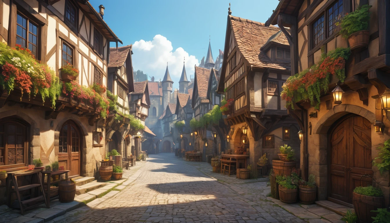 (anime, fantasy, medieval town), (detailed CG unity 8k wallpaper, masterpiece, best quality, ultra-detailed, HDR:1.2), vibrant colors, intricate, high FXAA, a humble medieval town, intersection alley, fantasy medieval, unique houses, lively crowd, people, natural interaction, dramatic lighting, dramatic camera angle, moody atmosphere