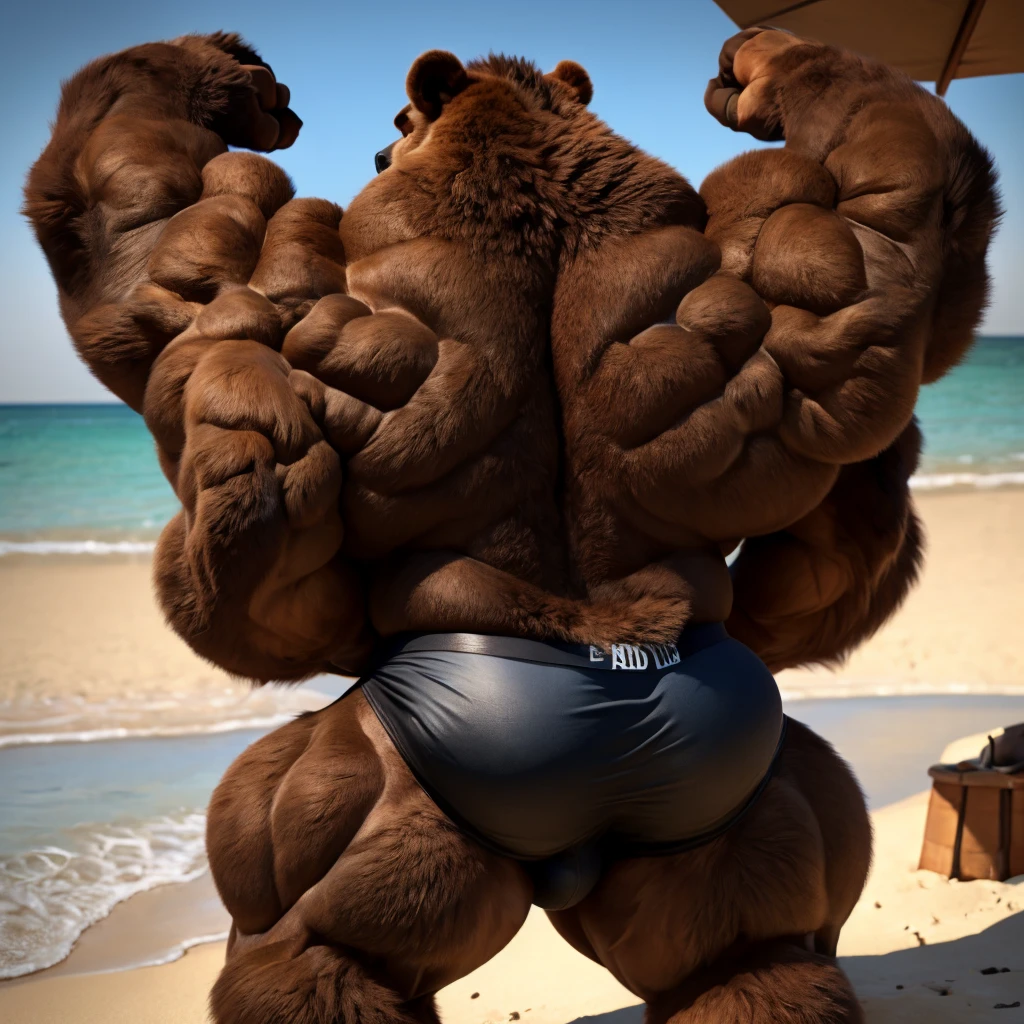 beach, front view, furry, 1bear, extremely huge muscular, massive muscular, full-body, correct anatomy, well-muscled Grizzly Bear shirtless and showing front body muscle. ((extremely muscle size, super thick fur arms, huge brown fur body, in black competitive briefs, extremely body back and shoulder, huge brown fur arms)).  Added brown fur hair and brown beard, added eyes, add details to make it attractive and interesting. Add textures and details to make the image more realistic, such as the appearance of the body-built texture and the appearance of the furry skin. Make sure the resulting image is high resolution, 8K quality."