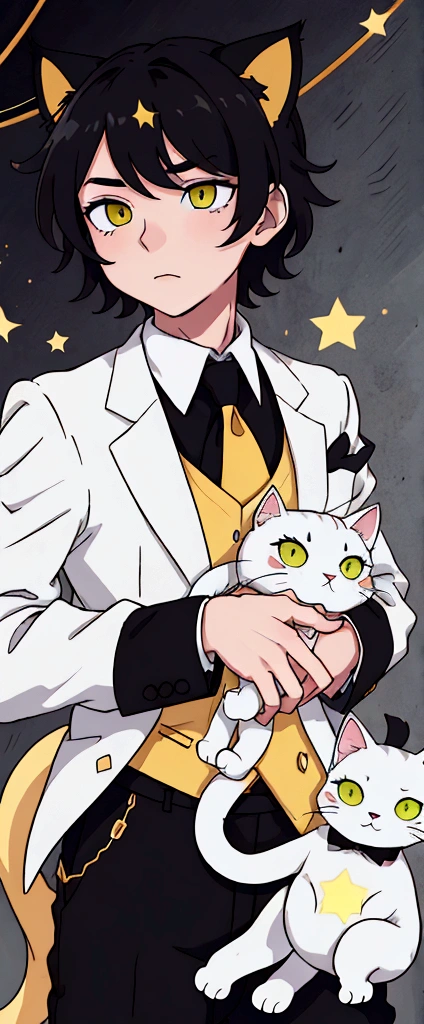 Anime boy with cat ears, Cat&#39;s tail, pale skin, black hair, eyes of different colors, the right one yellow with a star in the middle and the left one green, dress clothes, White shirt, white tie, black pantaloon, gabadina cafe background  