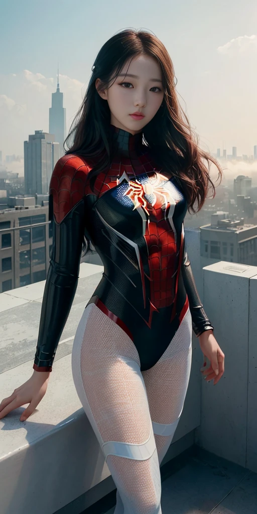 (1 woman:1.3), alone, (((Very detailed face)))), ((very detailed 눈과 얼굴)))), beautiful 디테일의 눈, body parts__, official art, Integrated 8K wallpaper, very detailed, beautiful and beautiful, beautiful, masterpiece, best quality, original, masterpiece, very nice photo, best quality, ultra high resolution, realistic realism, sunlight, full body portrait, amazing beauty, dynamic pose, delicate face, lively eyes, (from the front), she wears a spiderman suit, red and black color scheme, spider, very detailed 도시 지붕 배경, rooftop, city view, detailed face, Detailed complex busy background, crummy, very cool, milk white, very detailed 피부, realistic skin details, visible pores, clear focus, volumetric fog, 8k words, dslr, high quality, film grain, fair skin, photo realism, lomography, Futuristic dystopian megacity, transparent