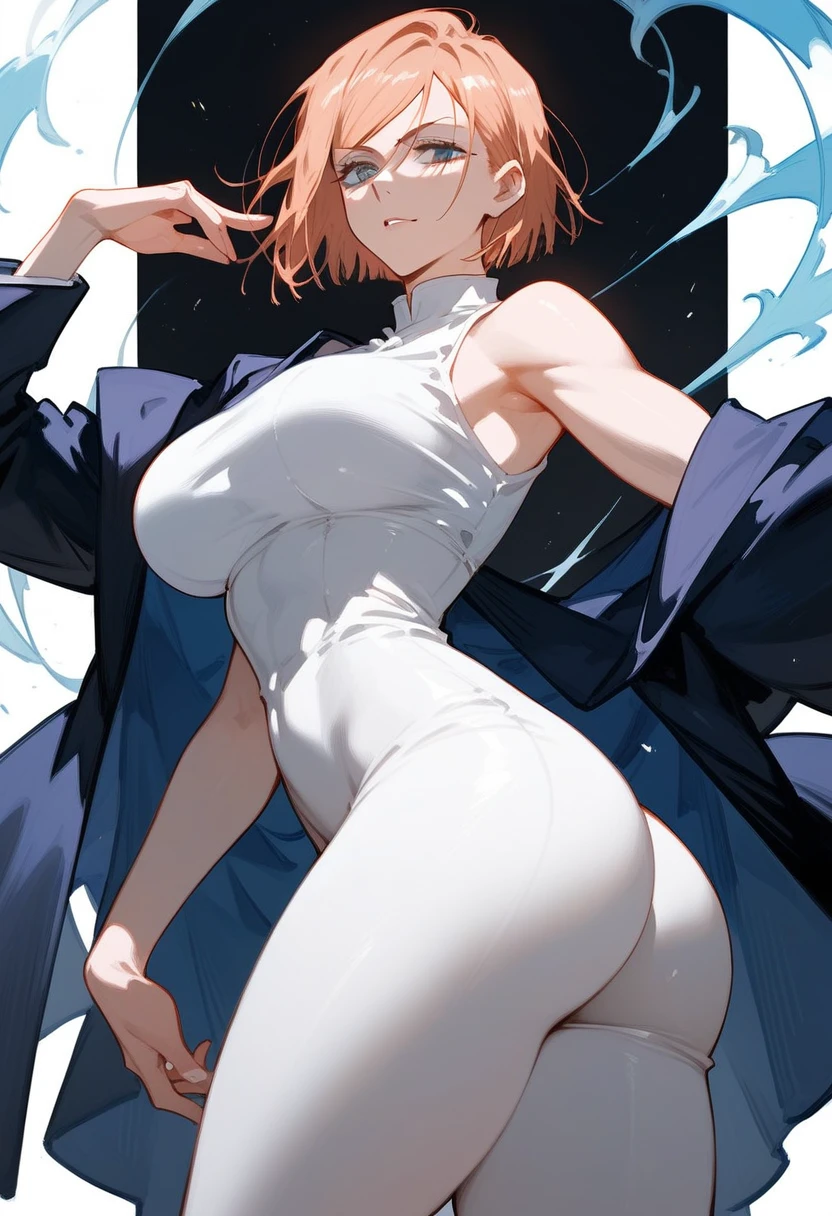 Nobara jujutsu kaisen with a tight white dress highlighting the curves of the body ( small waist and big breasts and ass)
