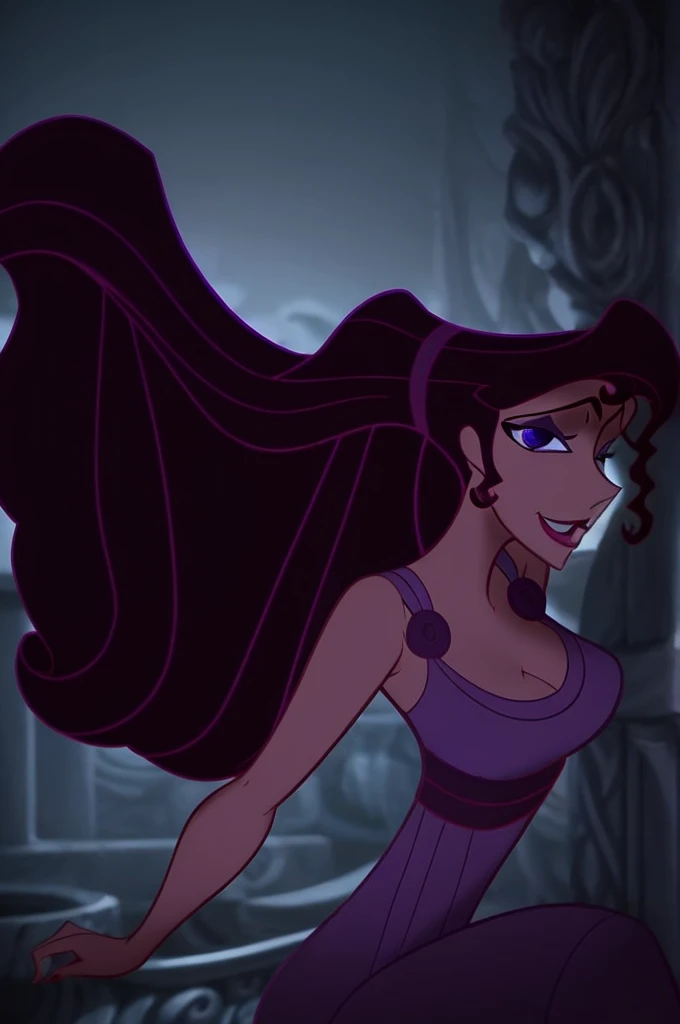 (1girl:1.2) brunette Megara wearing purple dress, face focus, detailed face expression, best quality, on night light, purple eyes, tied up with gray ropes, OTM gagged, disney animation style, best quality, digital art, 2D