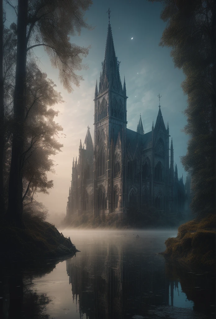 1girl, gothic aesthetic, insanely_detailed view of a holy divine gothic_cathedral full_of gargoils; intricate night_scene, detailed medieval fantasy background, hyperdetailed; by Kim Keever Antoine Collignon Wadim Kashin Tim Burton Peter Mohrbacher, realism; incredible composition; dynamic lighting; meticulously composed concept art, indigo, fascinating stars, masterpiece, mystic fog, digital illustration, Reflections, cell-shaded, Volumetric lighting