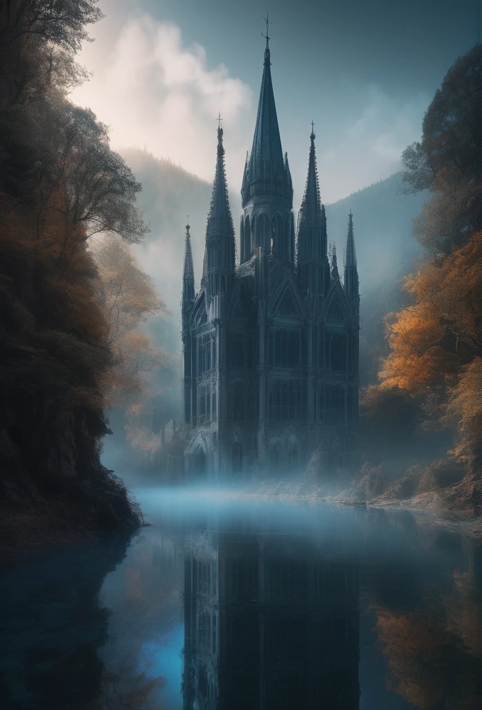 1girl, gothic aesthetic, insanely_detailed view of a holy divine gothic_cathedral full_of gargoils; intricate night_scene, detailed medieval fantasy background, hyperdetailed; by Kim Keever Antoine Collignon Wadim Kashin Tim Burton Peter Mohrbacher, realism; incredible composition; dynamic lighting; meticulously composed concept art, indigo, fascinating stars, masterpiece, mystic fog, digital illustration, Reflections, cell-shaded, Volumetric lighting