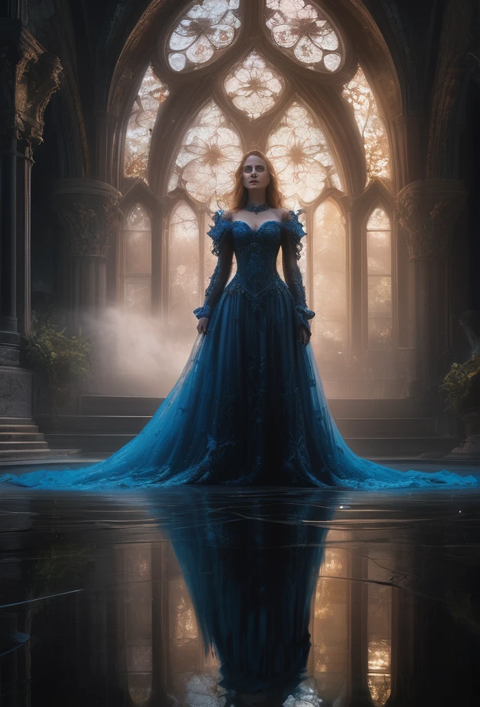 1girl, gothic aesthetic, insanely_detailed view of a holy divine gothic_cathedral full_of gargoils; intricate night_scene, detailed medieval fantasy background, hyperdetailed; by Kim Keever Antoine Collignon Wadim Kashin Tim Burton Peter Mohrbacher, realism; incredible composition; dynamic lighting; meticulously composed concept art, indigo, fascinating stars, masterpiece, mystic fog, digital illustration, Reflections, cell-shaded, Volumetric lighting