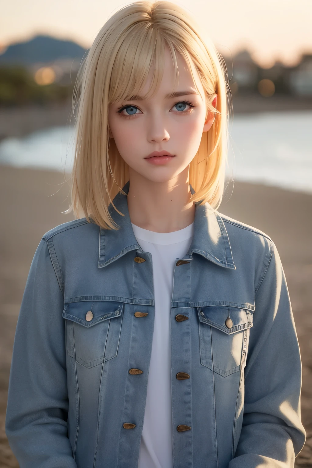 (8K, RAW photos, top quality, masterpiece: 1.2), (realistic, photorealistic: 1.37), Woman with blonde hair, blue colored eyes, Caucasian skin, grunge style, (bangs: 1.2), (small eyes: 1.2), sunset backdrop, reminiscent of the 2000s, (sleeved: 1.2), (grey-eyed shadow: 1.1), worn-out denim jacket, distressed jeans, (comic: 1.1, s2: 1.0), dimly lit atmosphere, intricate details in the