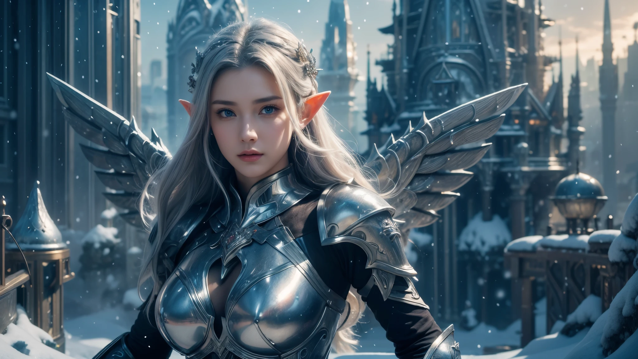 Close-up of woman holding sword and armor, Armor Girl, 2. 5D CGI anime fantasy artwork, Large Breasts,Epic fantasy digital art style, detailed Digital 2D fantasy art, Digital 2D fantasy art, original photo, (best quality:1.3), high resolution, (masterpiece), (lifelike:1.4), Professional photography, Clear focus, High Dynamic Range, 8k resolution, Intricate details, Fine details, Depth of Field, Extremely detailed CG unified 8k wallpaper, masterpiece,poster,best quality,Official Art,(Beauty and aesthetics:1.2),(masterpiece:1.3),Female Elf,individual,Light Leather Armor,complex pattern,snow,futuristic city,Medium distance photography,(early morning),dramatic,Huge wings,