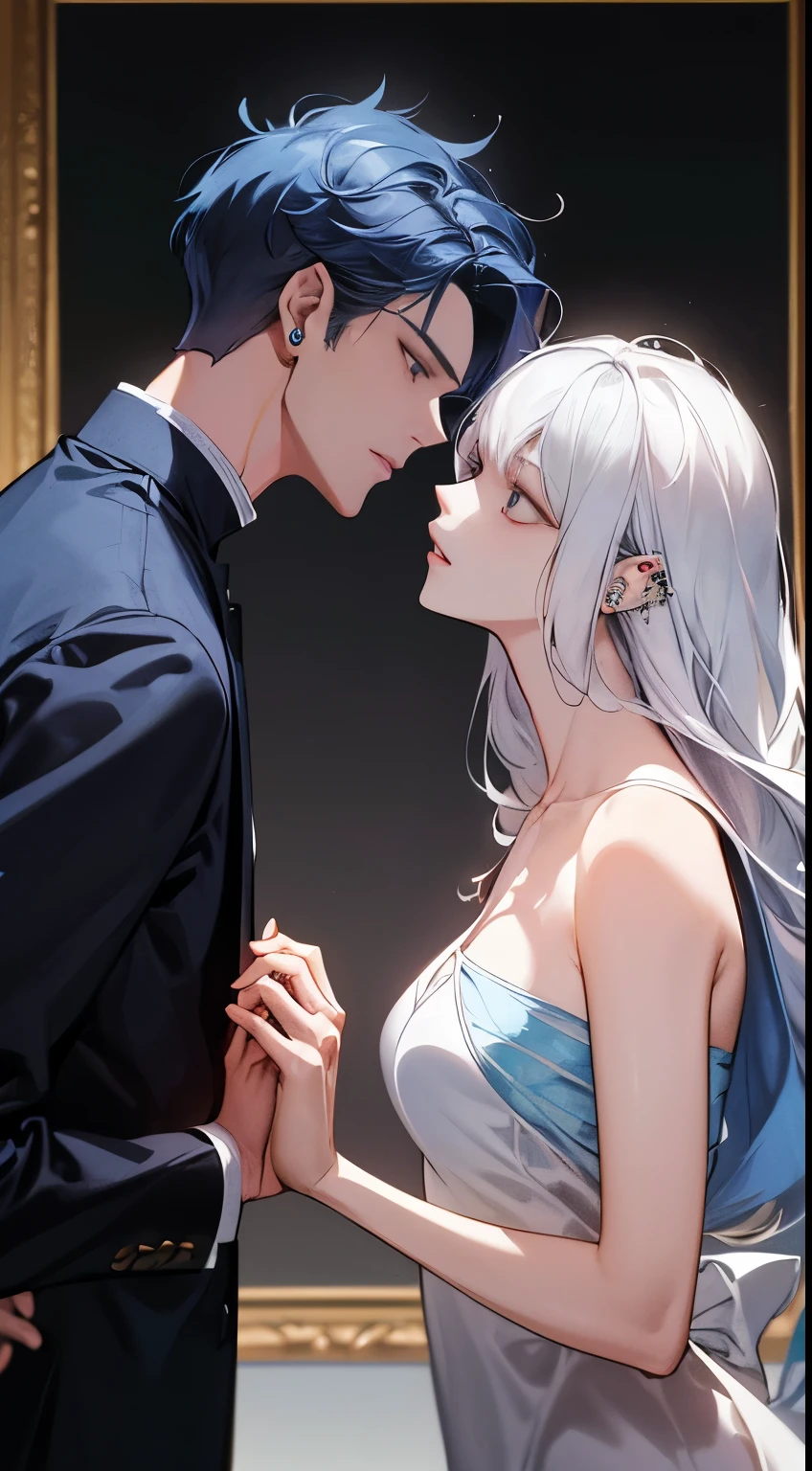 ke (((1male white hair people：Piercing in the left ear,、tall、tall、Tall、a handsome、refreshing、burly)))、(((1female blue hair：Long、short、Best style、F-cup、See-through sexy dress、Beautuful Women)))、((((a couple))))、{(Best Quality, 8K, masutepiece, nffsw, Soft lighting, image perfect, Digital Illustration, manhwa art, super detailed image, Perfect lines, )} พื้นหลังโบสถ์