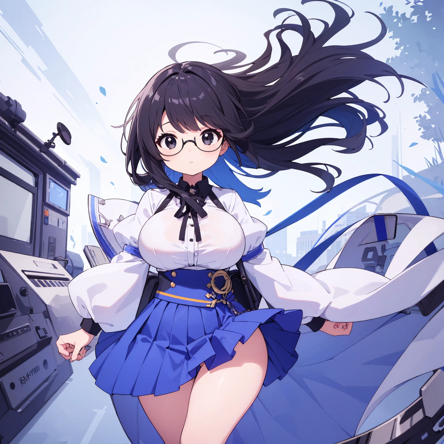 (((High quality))), 1girl, solo, black hair, messy hair, bangs, black eyes, large breasts, wide hips, tall, thick thighs, white blouse, blue skirt, round glasses