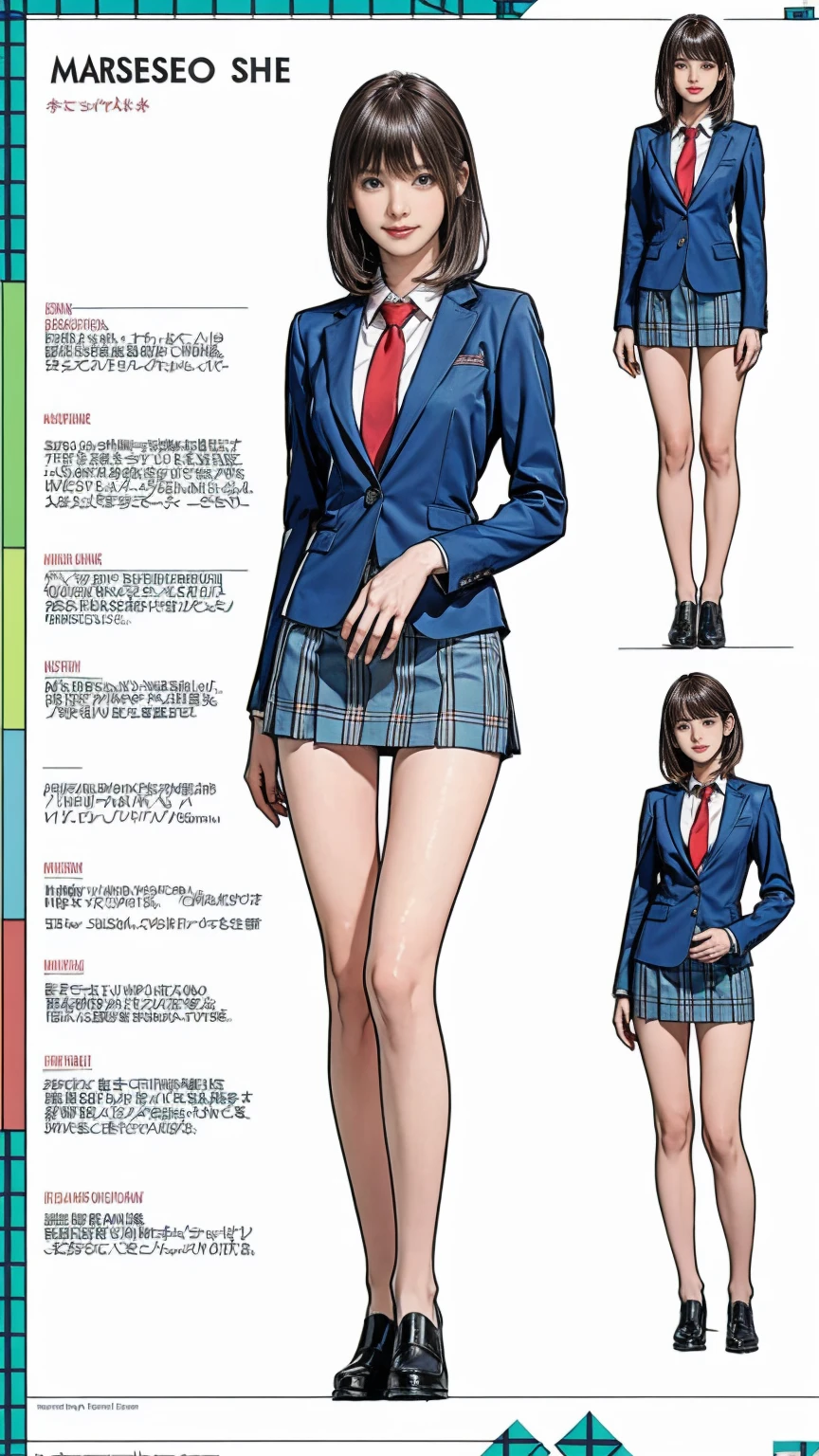 ((masterpiece)),(((Highest quality))),((Character design sheet)),Thin thighs,Long legs,Girl standing in a school classroom,Red Tie Uniform,Dark Blue Blazer,Blue plaid skirt,18-year-old,bangs,A small smile,Random Pause，pretty girl，Slender girl，