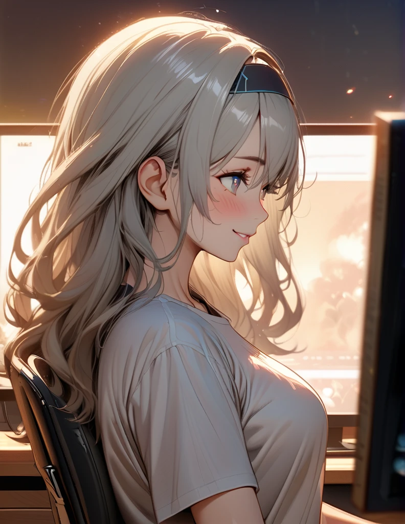 beautiful girl, long grey hair, beautiful face,smiling,close up to hips, beautiful breast, sitting on office chair, looking at monitor,illustration,detailed textures(realists),ultra-detailed,portrait style,vivid colors,soft lighting, blushing, mature, hair fluttering, evening light , head band, ((half body)), wearing simple shirts , perky. ((side profile until hips)), very shy