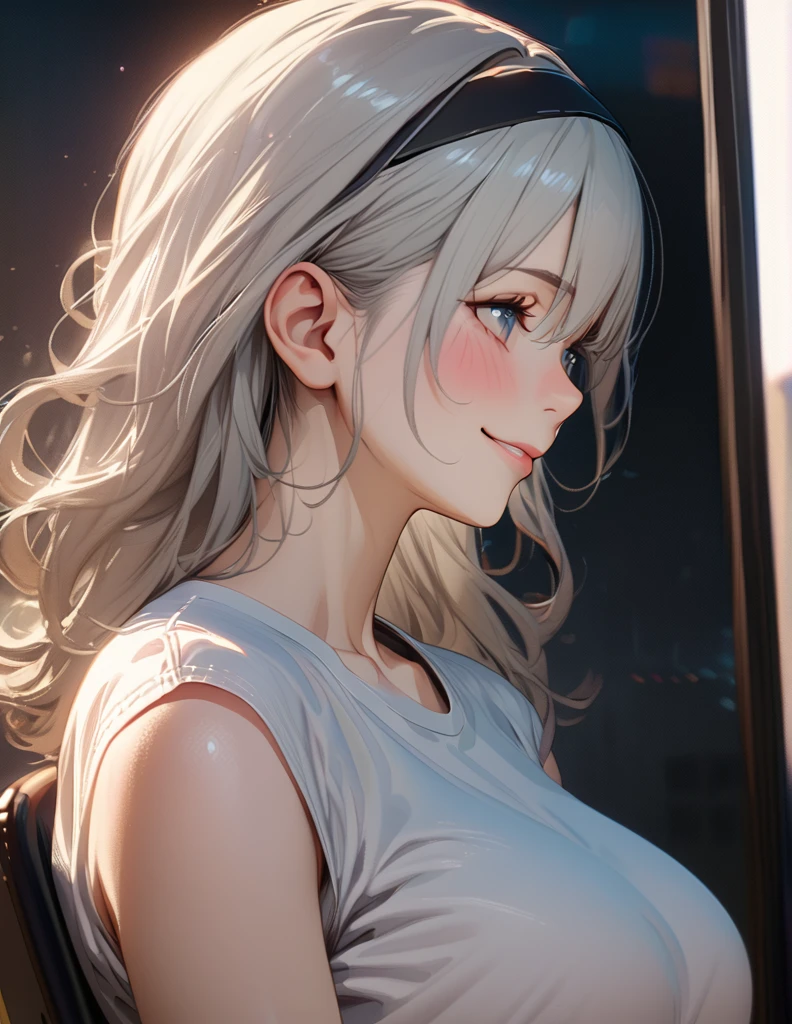 beautiful girl, long grey hair, beautiful face,smiling,close up to hips, beautiful breast, sitting on office chair, looking at monitor,illustration,detailed textures(realists),ultra-detailed,portrait style,vivid colors,soft lighting, blushing, mature, hair fluttering, evening light , head band, ((half body)), wearing simple shirts , perky. ((side profile until hips)), very shy