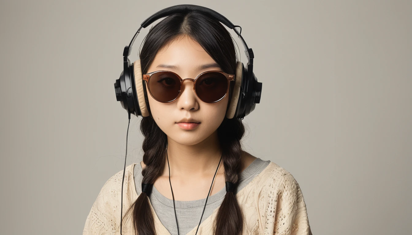 (((Katsushika Hokusai))), ((18 year old Japanese female)), Light colored sunglasses, Japanese style headphones, straighthair