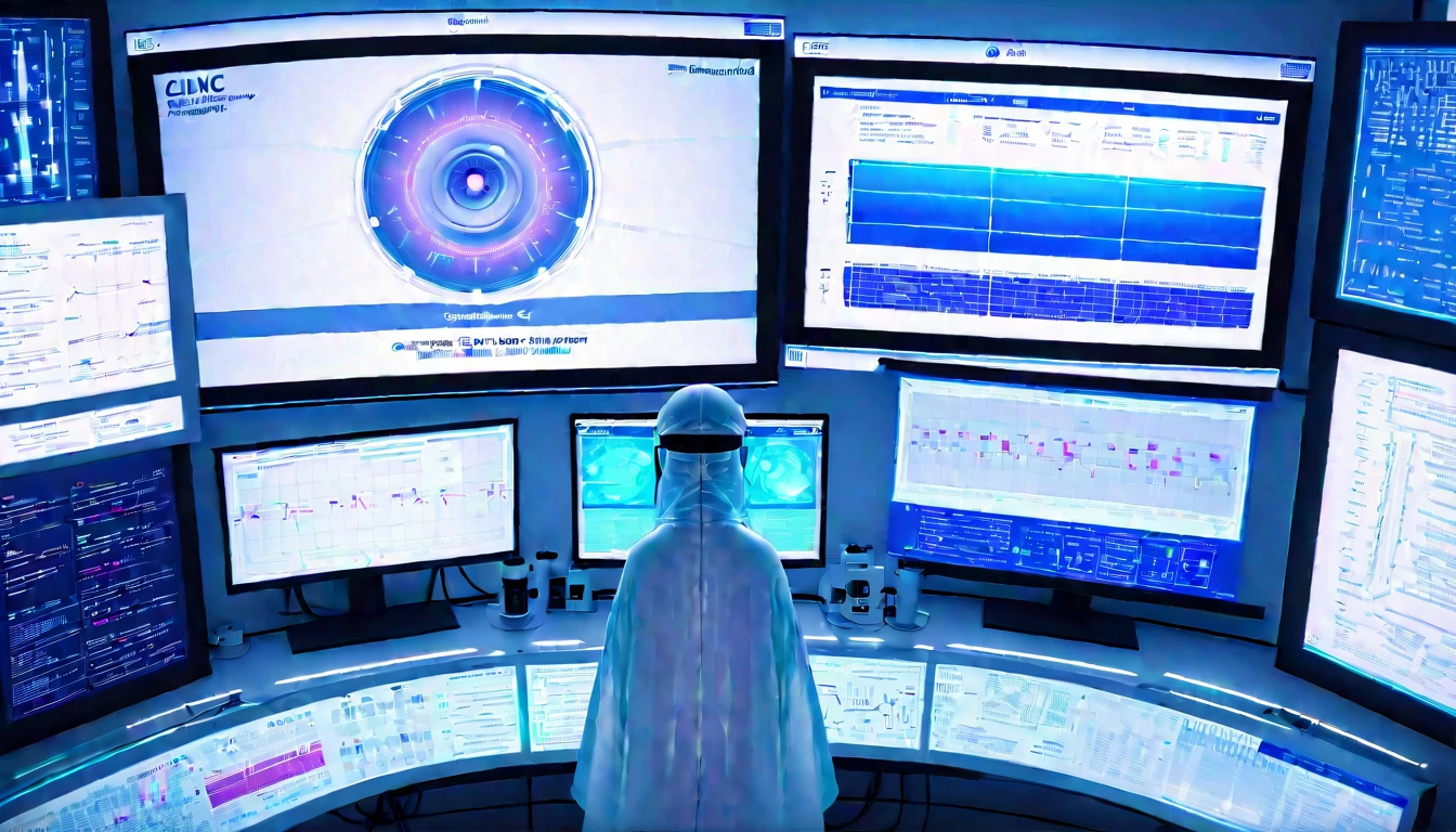 High quality. Wall close-up photography,　Take a photo straight-on facing the wall.　 The clinic of the future features giant monitors displaying medical and chemical data.。Bright spot with white walls, Scientific research, The camera is parallel