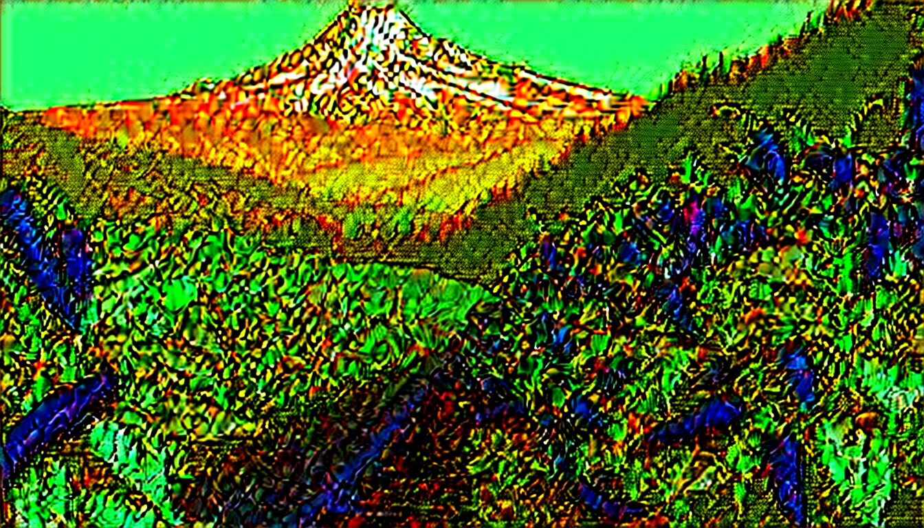 create an image demonstrating the style of ((Linocut Print)) style Red chilis, basil, mt hood, 8k high definition, vibrant colors