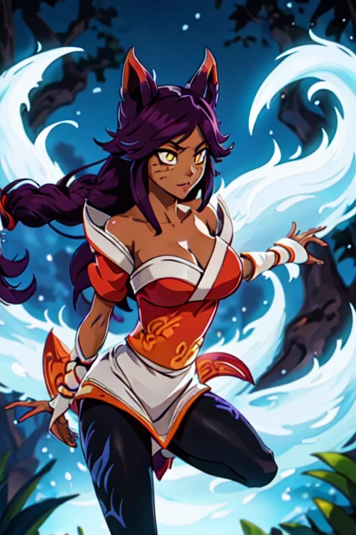 (best quality:1.3), (4K quality),masterpiece, best quality, high res, detailed, (Detailed face:1.2), (Detailed eyes:1.2), (Perfect figure:1.2), Fantasy style, Fantasy environment, 1girl, solo, (merge Ahri with Yoruichi Shihoin), (Kitsune:1.2), dynamic pose, long purple hair, bright yellow eyes, purple eyeshadow, red lipstick, dark skin, dark-skinned female, purple fox tail, multiple tails, braid, orange Korean kimono, off shoulder top, cleavage, waist short skirt, black leggings, medium breast, forest background, detailed background, perfect hands, blue fire, blue flame magic, hands generating blue flame magic,
