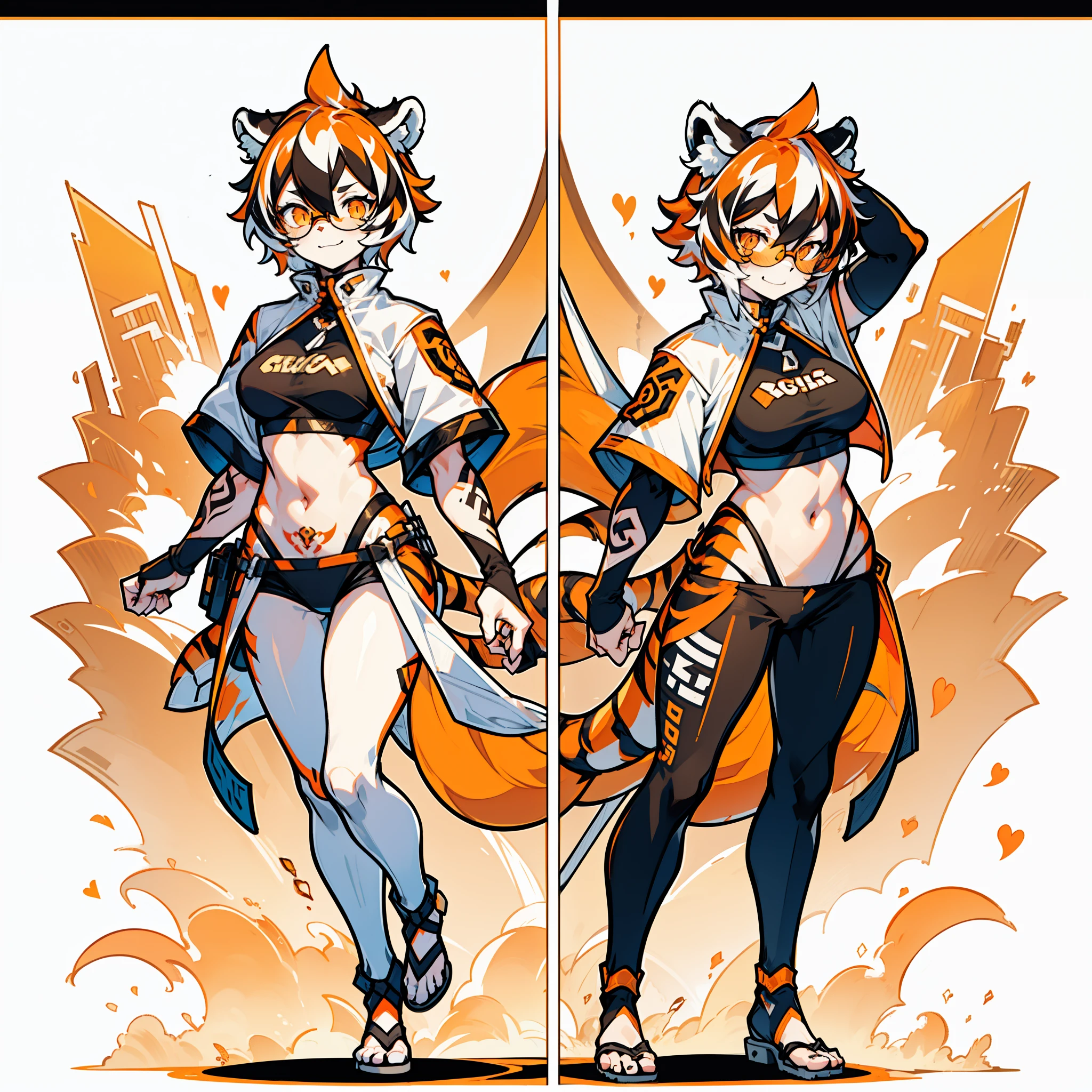 white background, full body, solo, 1girl,Standing, heading up, proud , young girl, animal ears, arknights, white hair, black hair, round eyewear, glasses, OPPEIN, short hair, large breasts, muscle,tail, orange eyes, orange hair, multicolored hair, tiger girl, furry female, hair between eyes, tiger_ears, tiger_tail, waai_fu, orange-tinted_eyewear, tinted_eyewear, Sophorae, ワイフー, waai_fu_arknights, tattoo, petite, neck tattoo, big breasts, stomach tattoo, bra, panties, evil smile, Shadows under feet,text,