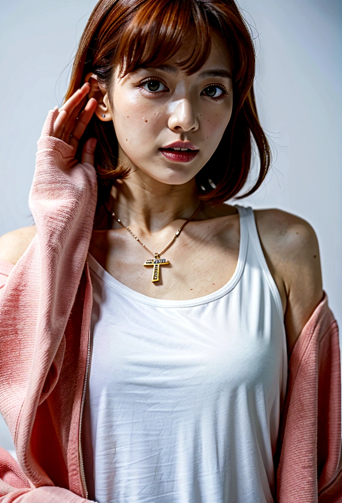 (Highest quality, 8K, 32k, masterpiece, Ultra-high resolution:1.2),Beautiful Japanese Women Photos, Rainbow clothes、Rainbow hoodie、Large Breasts, Very short bob hair,Red hair, necklace, Simple Background, From above, View your viewers,Red Hair、White background、peace sign、Pause.Colorful clothes、White background
