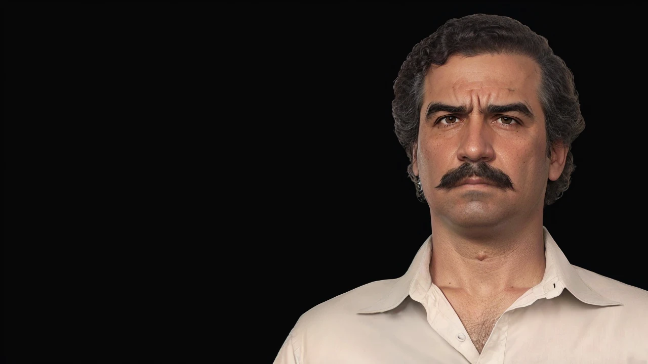 angry man with a mustache and a shirt, Mexican mustache, Mexico, profile shot, promotional image, Official photo, bigger chin, Pablo Escobar, Drug lord, A stern man
