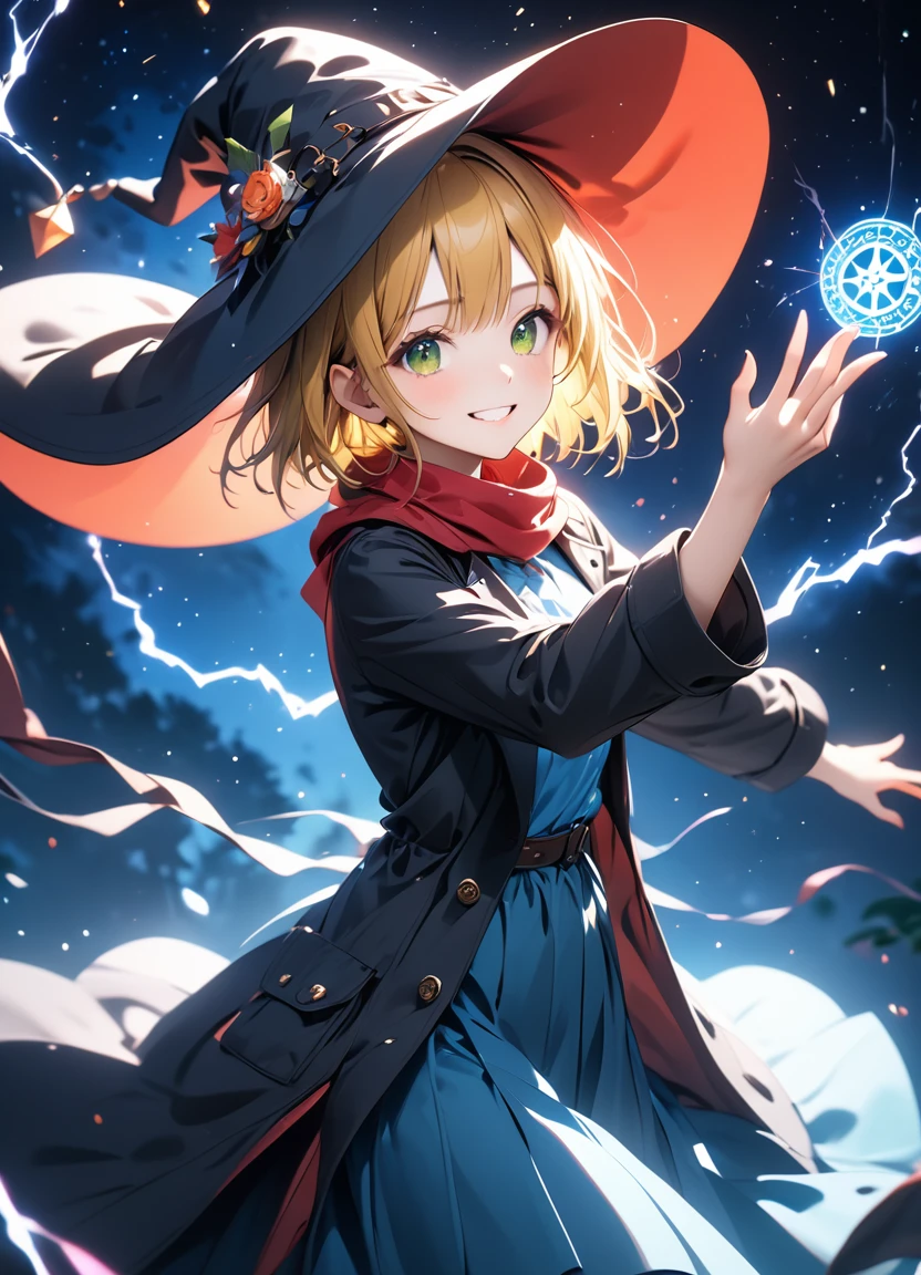 1girl, little girl, small breasts, yellow hair, green eyes, very short hair, deep blue witch hat, black trench coat, open coat, blue long-sleeved shirt, deep blue long skirt, red scarf, BREAK kawaii, grin, cowboy shot, casting spell, night sky, starry sky, lunar eclipse, magic circle, lightning effect, (wind:1.5), BREAK detailed face, smooth skin, cinematic lighting, volumetric shadow, BREAK 3D CG illustration, score_9, score_8_up, score_7_up, (masterpiece:1.2), (best quality:1.2), (very aesthetic:1.2), (absurdres:1.2), (detailed background), newest, (intricate:1.2), ai-generated, BREAK