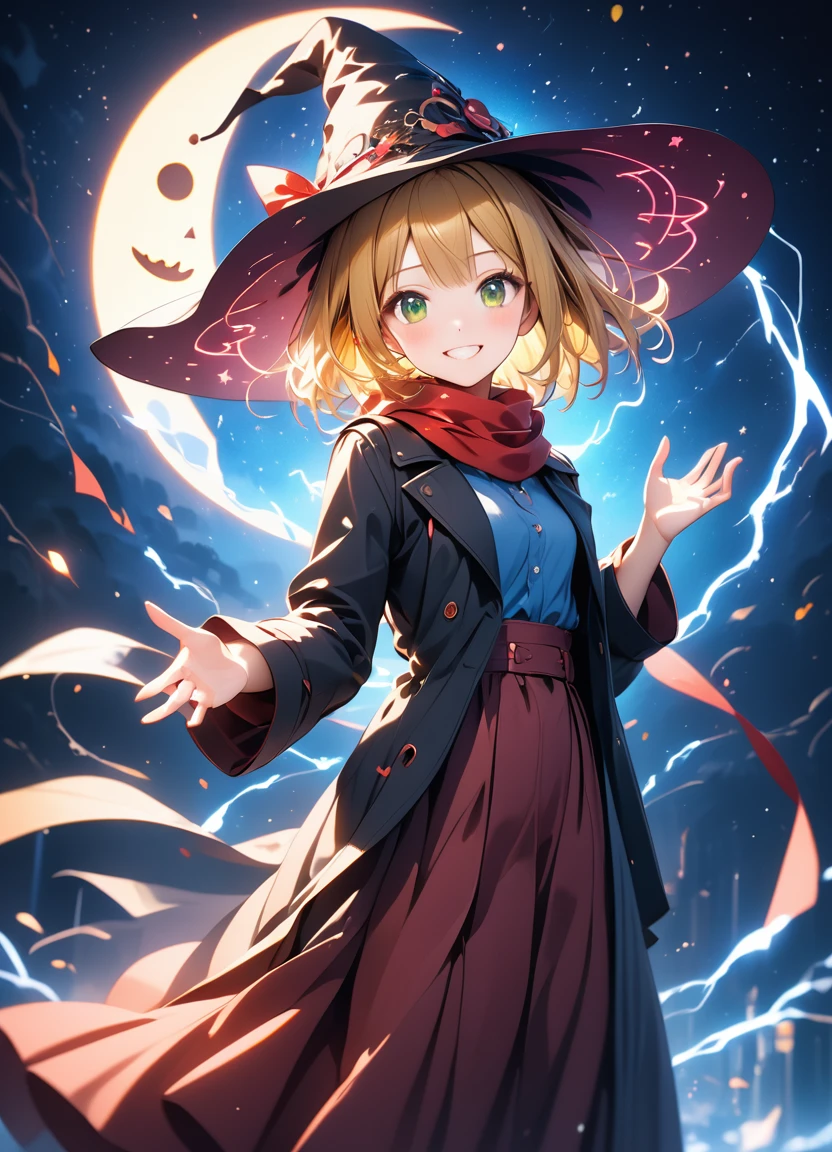 1girl, little girl, small breasts, yellow hair, green eyes, very short hair, deep blue witch hat, black trench coat, open coat, blue long-sleeved shirt, deep blue long skirt, red scarf, BREAK kawaii, grin, cowboy shot, casting spell, night sky, starry sky, lunar eclipse, magic circle, lightning effect, (wind:1.5), BREAK detailed face, smooth skin, cinematic lighting, volumetric shadow, BREAK 3D CG illustration, score_9, score_8_up, score_7_up, (masterpiece:1.2), (best quality:1.2), (very aesthetic:1.2), (absurdres:1.2), (detailed background), newest, (intricate:1.2), ai-generated, BREAK