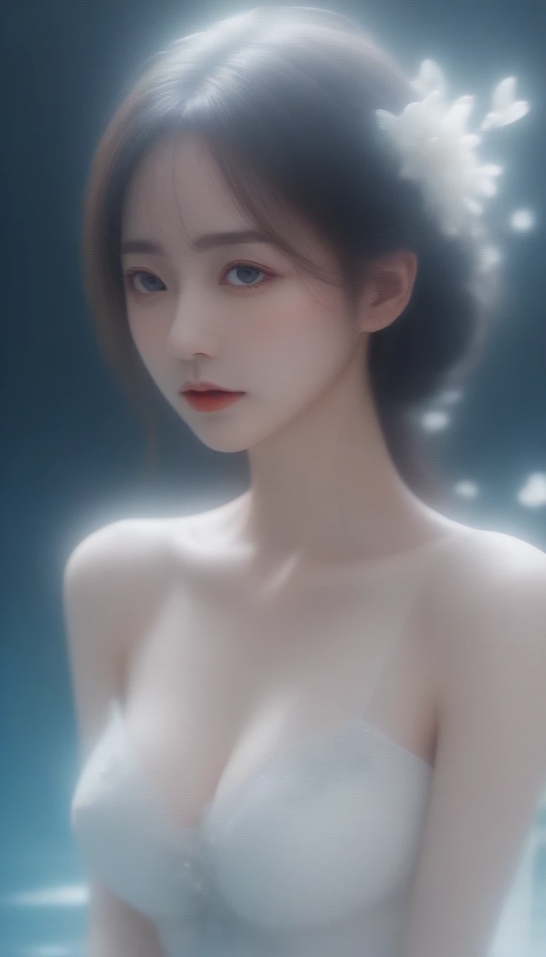 a close up of a woman in a white dress in a pool of water, ethereal beauty, xianxia fantasy, asian female water elemental, ethereal fantasy, ((a beautiful fantasy empress)), beautiful digital artwork, water fairy, fantasy beautiful, with frozen flowers around her, fantasy art style, trending on cgstation, beautiful gorgeous digital art, a beautiful artwork illustration