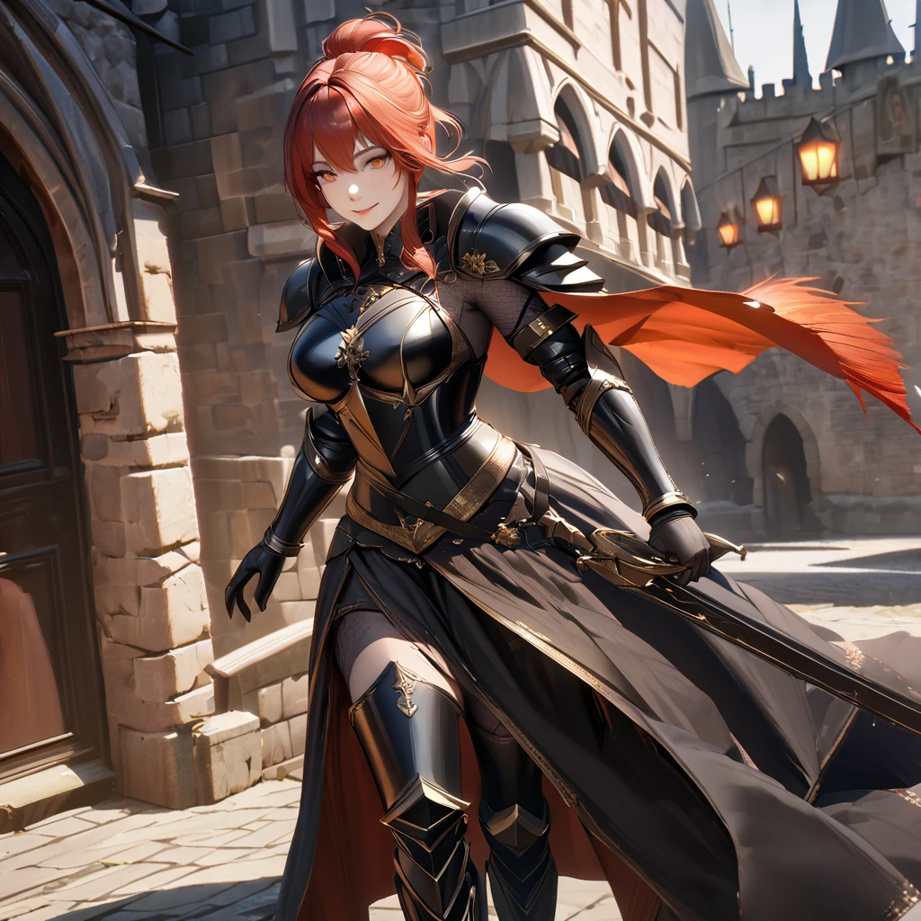 A woman wearing heavy black armor with gold details, helm with exposed face, red feather on helm, black metal bracelet, black metal boots, holding a sword, long black cape, auburn red hair, tied hair, large breasts, orange eyes , smiling, walking outside of a large medieval castle, in autumn weather,UHD , prime work , accurate , anatomically correct , textured skin , super details , high quality , best quality, 8k, high resolution, bokeh effect. (woman alone), close view. realistic
