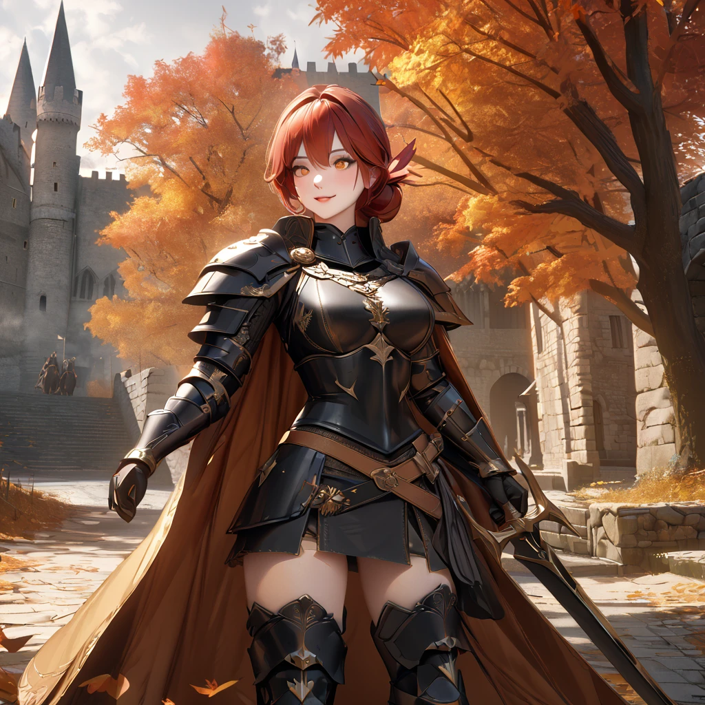 A woman wearing heavy black armor with gold details, helm with exposed face, red feather on helm, black metal bracelet, black metal boots, holding a sword, long black cape, auburn red hair, tied hair, large breasts, orange eyes , smiling, walking outside of a large medieval castle, in autumn weather,UHD , prime work , accurate , anatomically correct , textured skin , super details , high quality , best quality, 8k, high resolution, bokeh effect. (woman alone), close view. realistic
