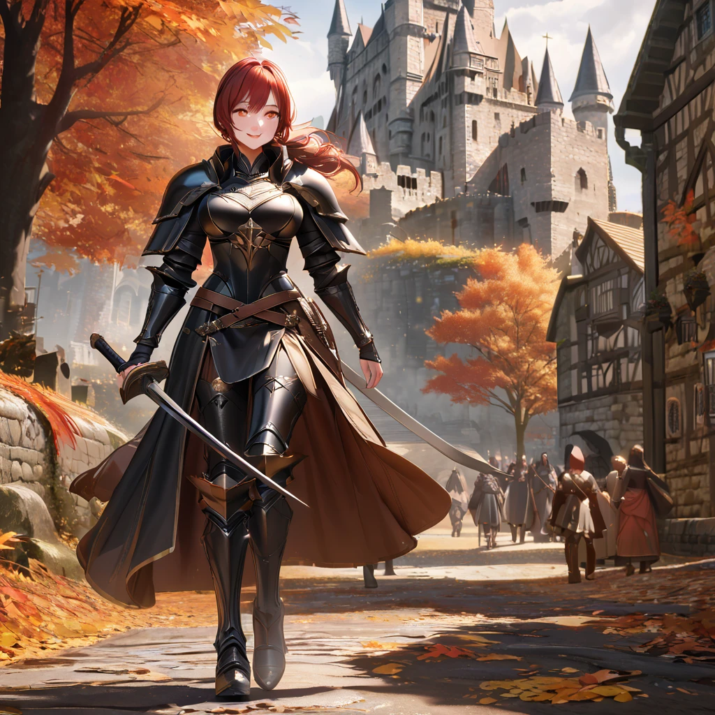 A woman wearing heavy black armor with gold details, helm with exposed face, red feather on helm, black metal bracelet, black metal boots, holding a sword, long black cape, auburn red hair, tied hair, large breasts, orange eyes , smiling, walking outside of a large medieval castle, in autumn weather,UHD , prime work , accurate , anatomically correct , textured skin , super details , high quality , best quality, 8k, high resolution, bokeh effect. (woman alone), close view. realistic
