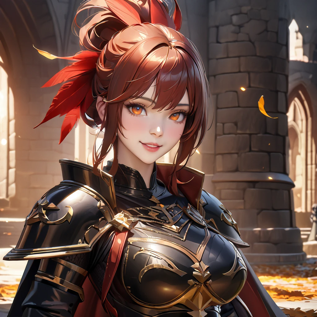 A woman wearing heavy black armor with gold details, helm with exposed face, red feather on helm, black metal bracelet, black metal boots, holding a sword, long black cape, auburn red hair, tied hair, large breasts, orange eyes , smiling, walking outside of a large medieval castle, in autumn weather,UHD , prime work , accurate , anatomically correct , textured skin , super details , high quality , best quality, 8k, high resolution, bokeh effect. (woman alone), close view. realistic
