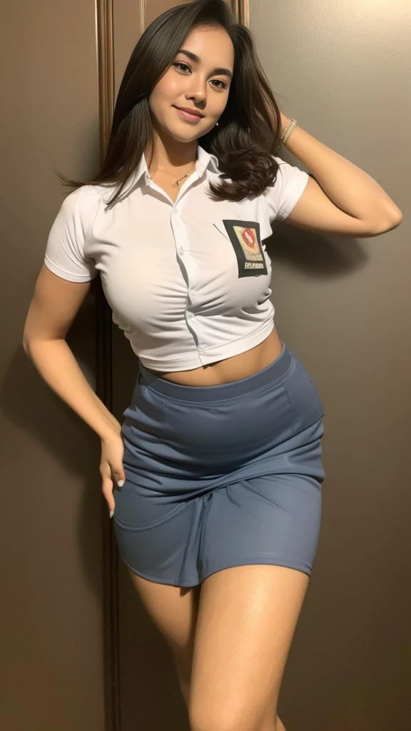 1girl, (Indonesian_high_school), detailed face, little smile, detailed eyes, beautiful face, zoom out, huge breasts, detailed skin, looking at the camera, looking at the audience, clear light, (8k, RAW photo, best quality, masterpiece: 1.4), (realistic, realistic: 1.37), ultra-high resolution, photorealistic, ultra high resolution, solo, muscular hips, realistic face, (detailed face), hyper sexy pose , black hair Color, camera shot from under, clean armpit, six pack belly, semi-large breasts, full body angle, 18 years young woman, perfect thighs, semi-thick thighs, muscular arms, sitting down, legs up, wearing hot short skirt, wearing tight shirt, asian goddess, long hair, straight hairstyle, muscular belly, thick muscular hips, thick muscular arm, full body, curvy body, tall body, normal fingers, hands behind hips
