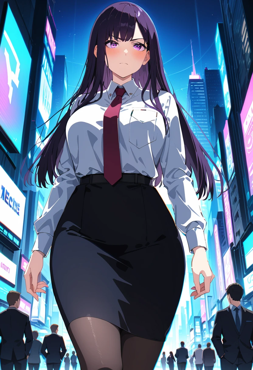 (masterpiece:1.37), best quality, (extremely detailed:1.37), woman, mature, adult, large breasts, very long hair, (straight hair:1.5), dark purple hair, purple eyes, (extremely detailed eyes:1.37), business suit, necktie, (long pencil skirt:1.5), pantyhose, desperation, (wetting: self 3.0), standing, embarrassed, humiliation, blushing, angry, city, futuristic, neon lighting, high-tech, street