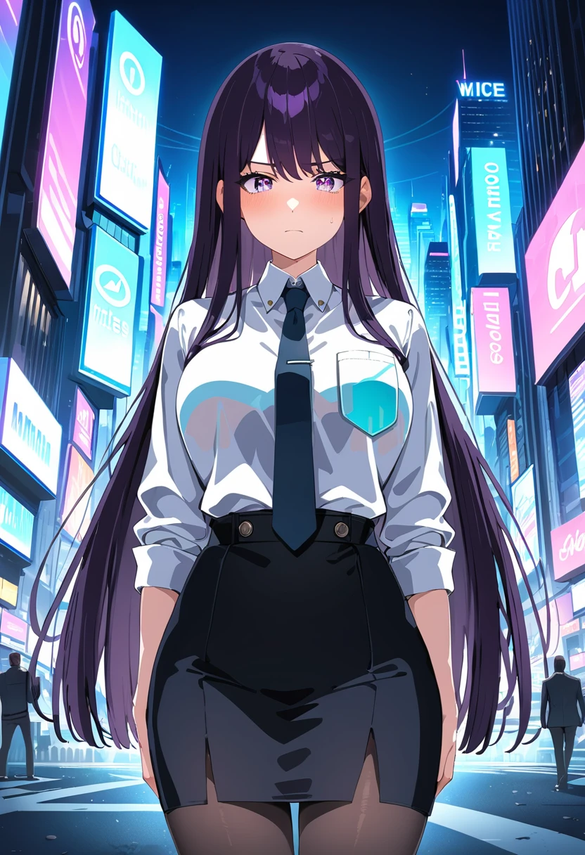 (masterpiece:1.37), best quality, (extremely detailed:1.37), woman, mature, adult, large breasts, very long hair, (straight hair:1.5), dark purple hair, purple eyes, (extremely detailed eyes:1.37), business suit, necktie, (long pencil skirt:1.5), pantyhose, desperation, (wetting: self 3.0), standing, embarrassed, humiliation, blushing, angry, city, futuristic, neon lighting, high-tech, street