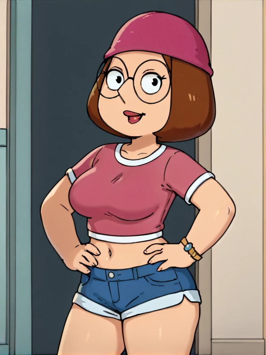 meg, brown hair, 1girl, glasses, solo, short hair, flat color, blue short shorts, beanie, pink crop-top,standing, hand on own hip,  looking at viewer, smile, extra large breasts, thick thighs, thin waist la ropa muy pege