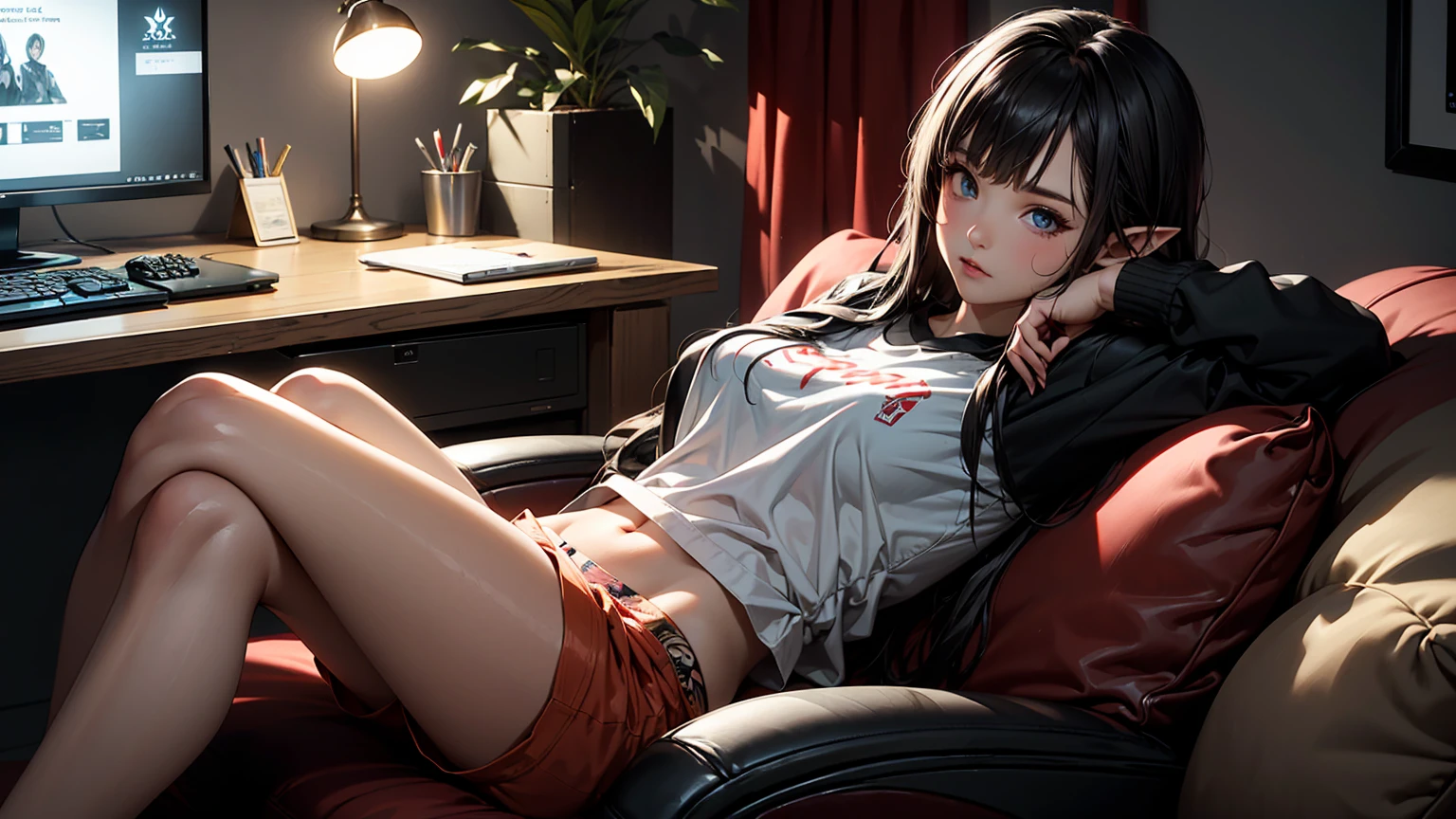 Create a high-quality, detailed image of a beautiful, anime elf gamer girl with tattoos and long hair, beautiful eyes, sitting at her gaming PC in her gaming room. She is wearing a sexy shirt and sleep shorts, showing her midriff, highlighting her stunning curves. The warm, inviting scene includes soft ambient lighting, comfortable seating, The setting is illuminated by a small lamp, creating a serene and intimate atmosphere