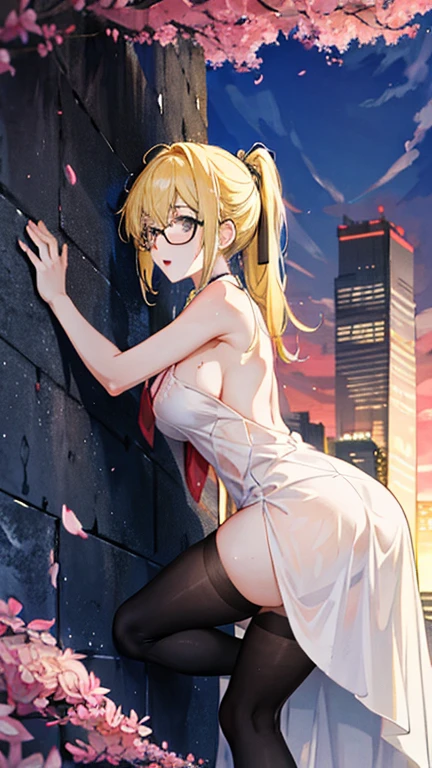 Young and beautiful Kathryn Newton, Glasses, White dress shirt, The neckline is deep, White mini dress, Black stockings，Wearing black， Surreal, 16 years old, Model Diagram,Extra , Beautiful , Big , Long hair, Ponytail, Blonde hair, Long legs, 8K, futuristic city, Cherry blossoms,Sweating all over the body，Large areas of clothing are wet， sunrise, LED lighting, Anime style, (((cleveage)))，（（Leaning against the wall，Sideways posture））