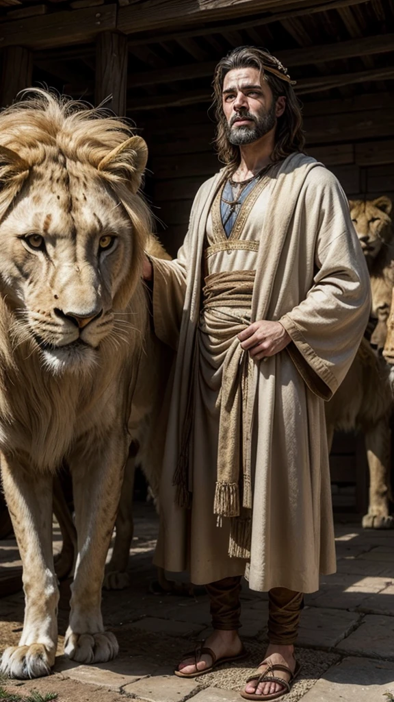 I created a character from the Bible called Daniel with ancient clothes, an Israeli face surrounded by wild lions 