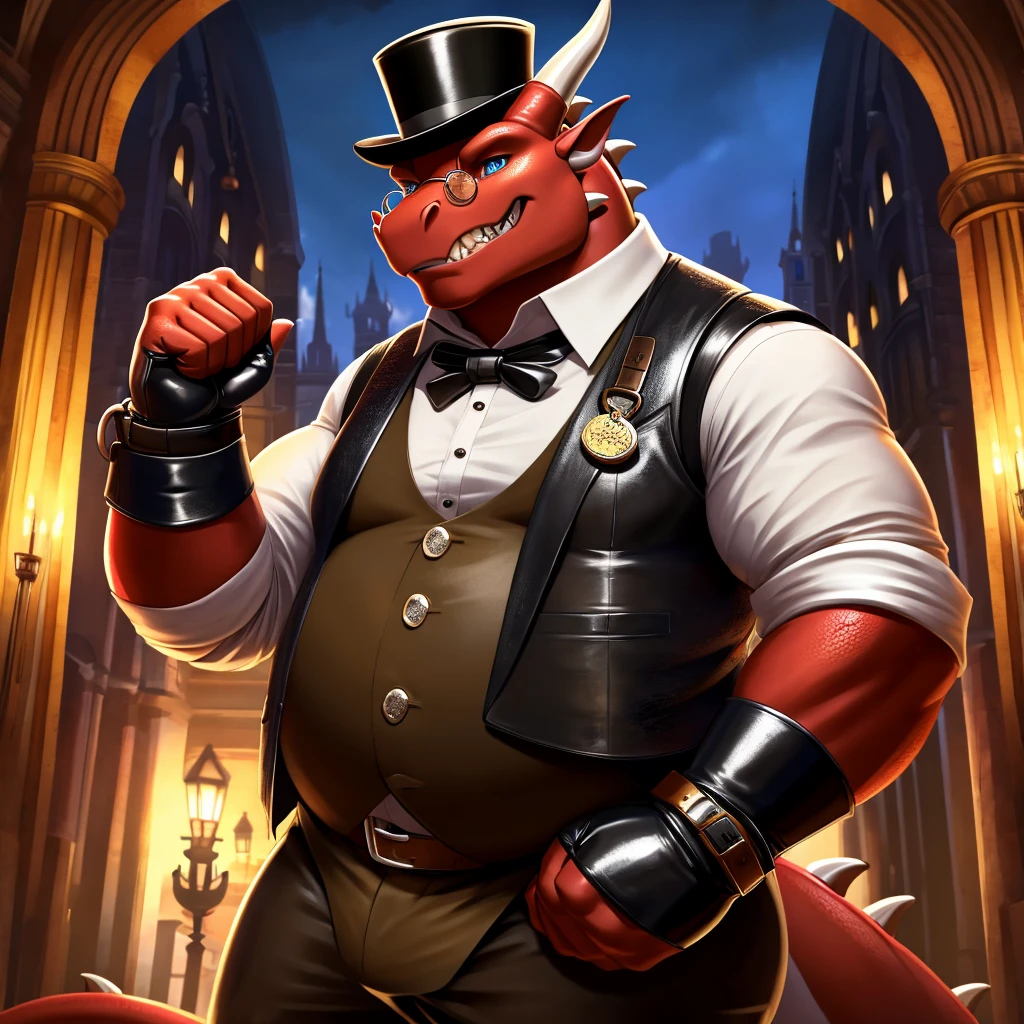 Solo, Male, fat, extremely obese, gentleman, dapper Professor Dragon, blue eyes, (posing:1.3), (soft shading), 4k, hi res, ((detailed face, detailed)), looking at viewer, evil grin, steampunk, collared shirt with buttons, top hat, male focus, Explorer Outfit, glasses, monocle, bag, vest with buttons, backpack, sleeves rolled up, round eyewear, brown headwear, brown vest, Dragon is wearing a glossy leather dog collar around the neck, Dragon is wearing the leather collar and shirt and vest at the same time, Dragon is wearing glossy white rubber gloves on the hands, wearing white rubber gloves on the feet, Dragon is wearing glossy white cuffs around the wrists with cufflinks, gloves are rubber in texture, clenching teeth, clenching fists, leather collar is glossy and shiny with a lot of detail, Dragon is wearing gloves and cuffs and cufflinks at the same time, leather collar has a round dog-tag, leather collar is thick and detailed.