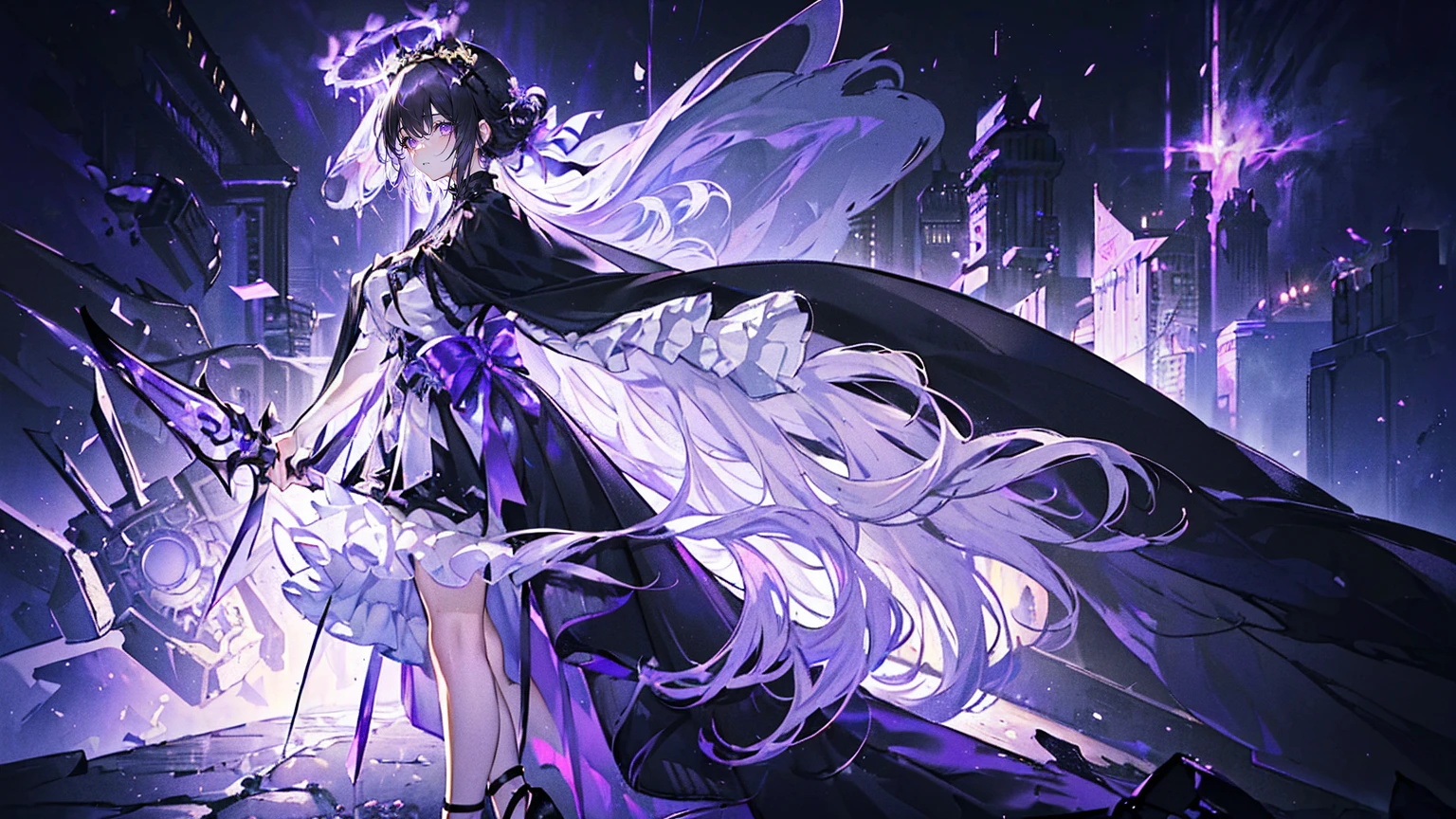 (Super detailed)),((illustration))，((masterpiece)),(((need))),((fine、Highest quality CG Unity 8K wallpapers，masterpiece），（（4K，masterpiece，best quality）），Black hair queen，Sexy，Lilac eyes，Standing upright in a coffin，Mature，Hair tied on both sides，Black and gold gauze robe，Black and purple French vintage clothing，Gorgeous black cape，Black veil，Purple-white halo，Black and purple high heels，Wearing a crown on the head，Holding a knight&#39;s sword，pyramid，Emitting dim purple light，under deep sea，under deep sea的废墟，under deep sea排满棺材，Mysterious symbols