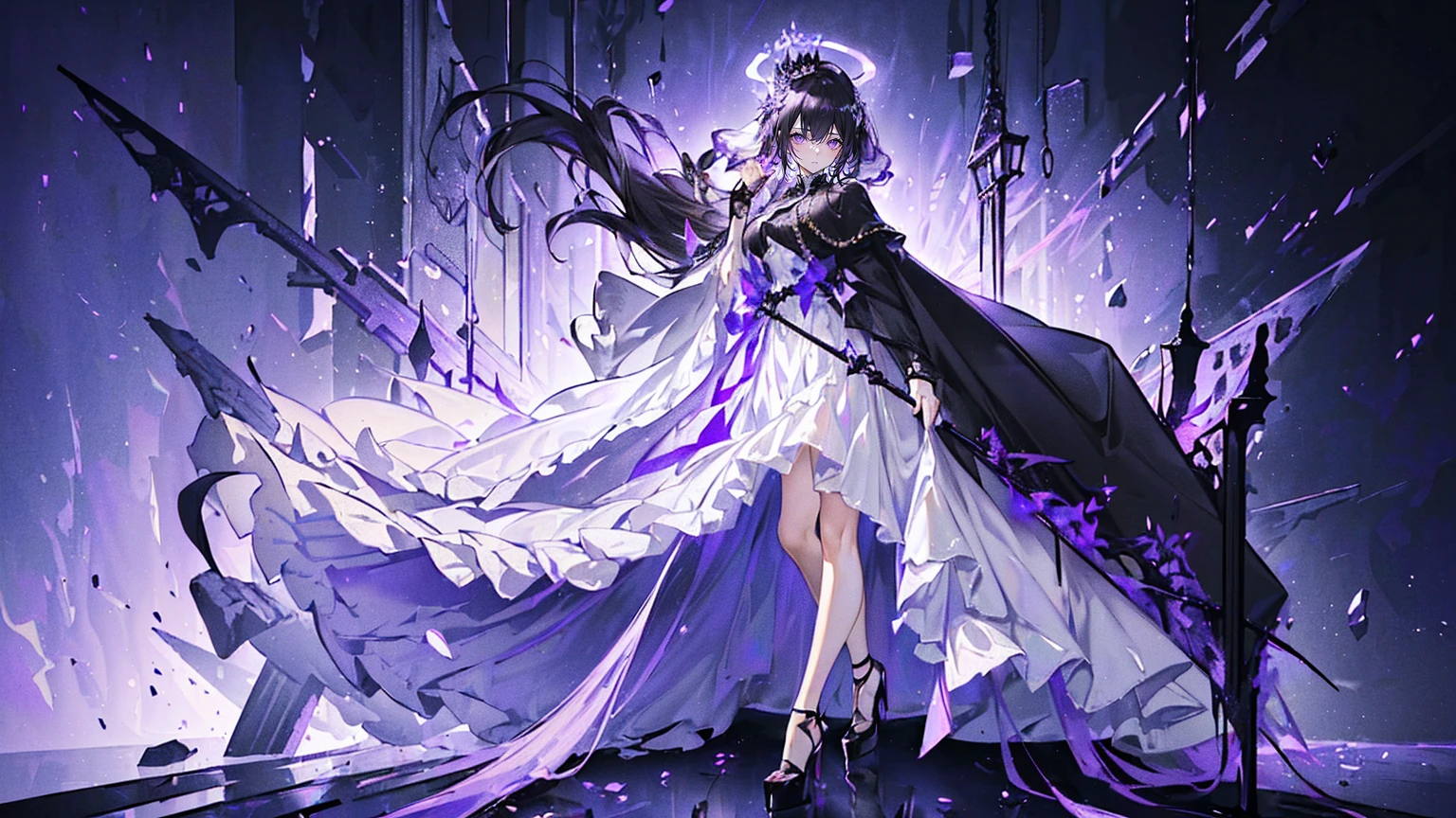(Super detailed)),((illustration)),((masterpiece)),(((need))),((fine、Highest quality CG Unity 8K wallpapers,masterpiece),((4K,masterpiece,best quality)),Black hair queen,Sexy,Lilac eyes,Standing upright in a coffin,Mature,Hair tied on both sides,Black and gold gauze robe,Black and purple French vintage clothing,Gorgeous black cape,Black veil,Purple-white halo,Black and purple high heels,Wearing a crown on the head,Holding a knight's sword,pyramid,Emitting dim purple light,under deep sea,under deep sea的废墟,under deep sea排满棺材,Mysterious symbols