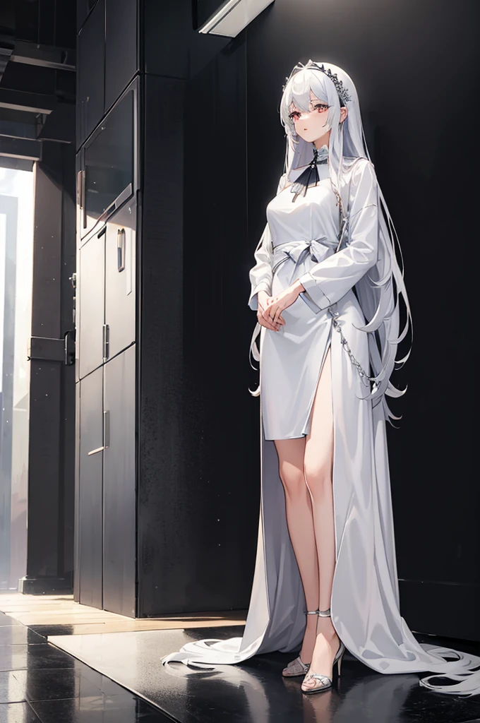 1woman, tall, long silver hair, white dress, standing on ground, high res, ultra sharp, 8K, masterpiece