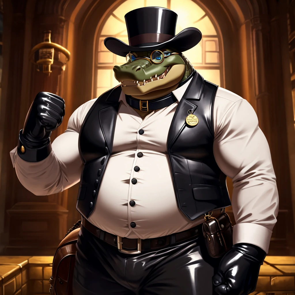 Solo, Male, fat, extremely obese, gentleman, dapper Professor Crocodile, blue eyes, (posing:1.3), (soft shading), 4k, hi res, ((detailed face, detailed)), looking at viewer, evil grin, steampunk, collared shirt with buttons, top hat, male focus, Explorer Outfit, glasses, monocle, bag, vest with buttons, backpack, sleeves rolled up, round eyewear, brown headwear, brown vest, Crocodile is wearing a glossy leather dog collar around the neck, Crocodile is wearing the leather collar and shirt and vest at the same time, Crocodile is wearing glossy white rubber gloves on the hands, wearing white rubber gloves on the feet, Crocodile is wearing glossy white cuffs around the wrists with cufflinks, gloves are rubber in texture, clenching teeth, clenching fists, leather collar is glossy and shiny with a lot of detail, Crocodile is wearing gloves and cuffs and cufflinks at the same time, leather collar has a round dog-tag, leather collar is thick and detailed.